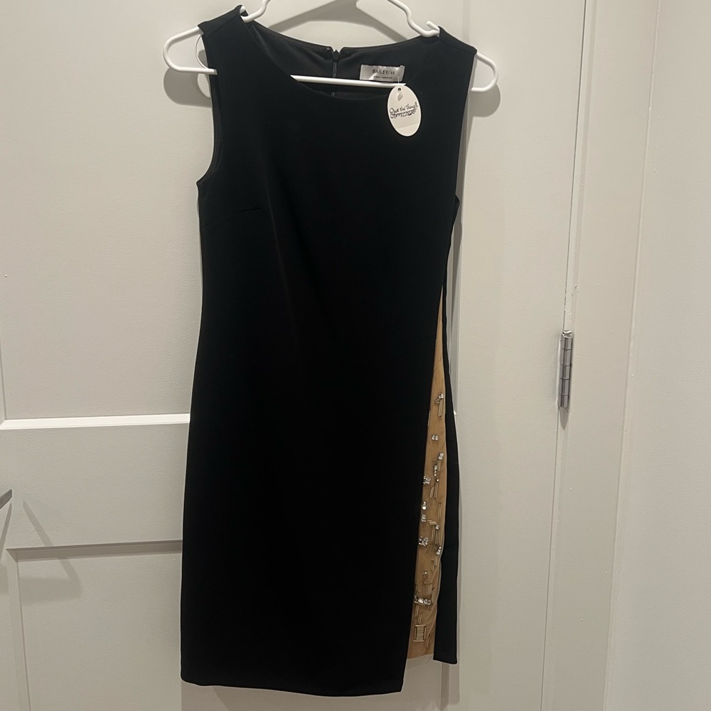 NWT Bailey 44 Black Dress with Gold Beaded Underlay